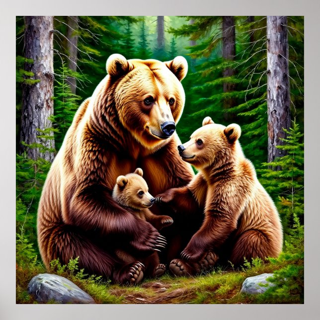 Mother Bear With Cubs in a Forest Setting Poster (Front)