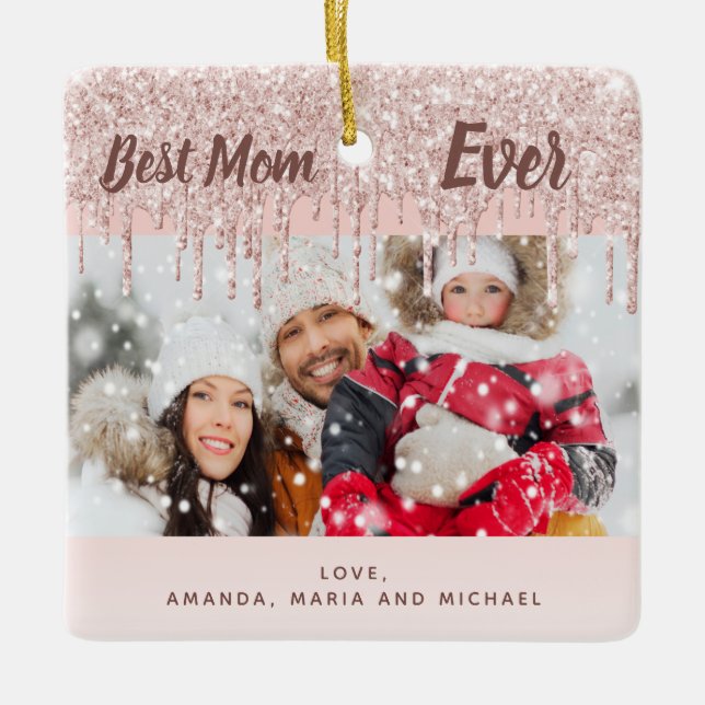 Mother best mom photo rose gold blush glitter ceramic ornament (Front)