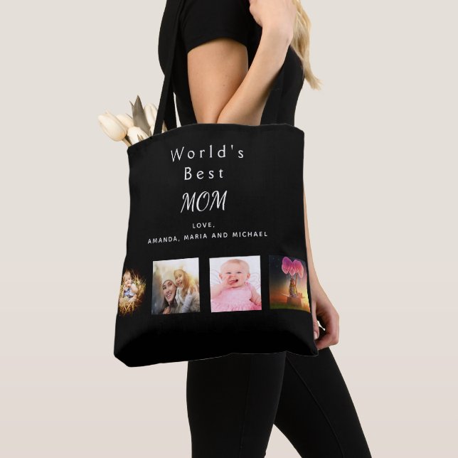 Mother Best mum family photo collage black Tote Bag (Close Up)