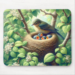Mother Bird with Fledglings In Nest Mouse Mat
