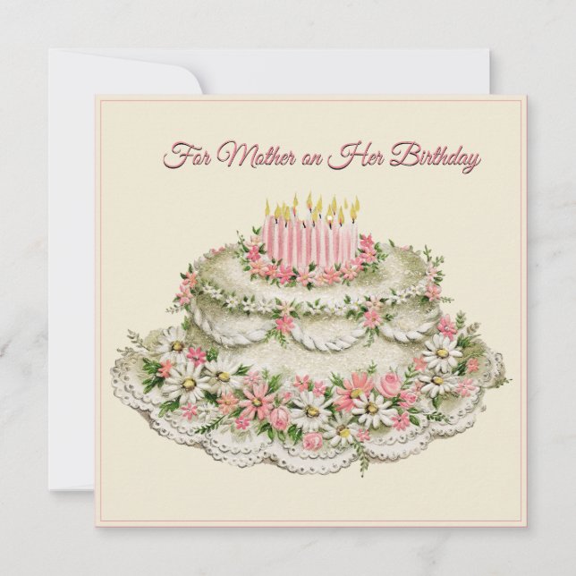 Mother Birthday Card Vintage Flower Cake and Poem  (Front)