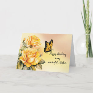 Mother Birthday Yellow Roses Monarch Butterfly Card