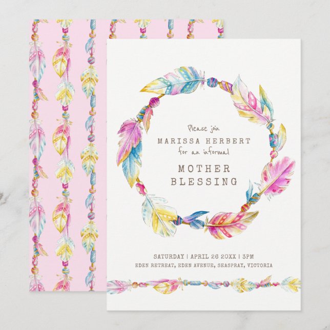 Mother blessing feather and beads colourful art invitation (Front/Back)