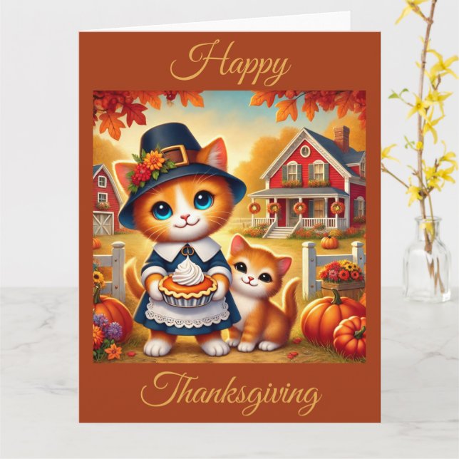 Mother Cat and Kitten Enjoy Thanksgiving Card (Yellow Flower)
