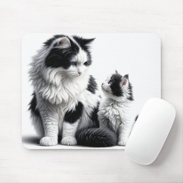 Mother Cat and Kitten On White Mouse Mat (With Mouse)