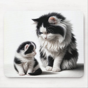Mother Cat and Kitten On White Mouse Mat