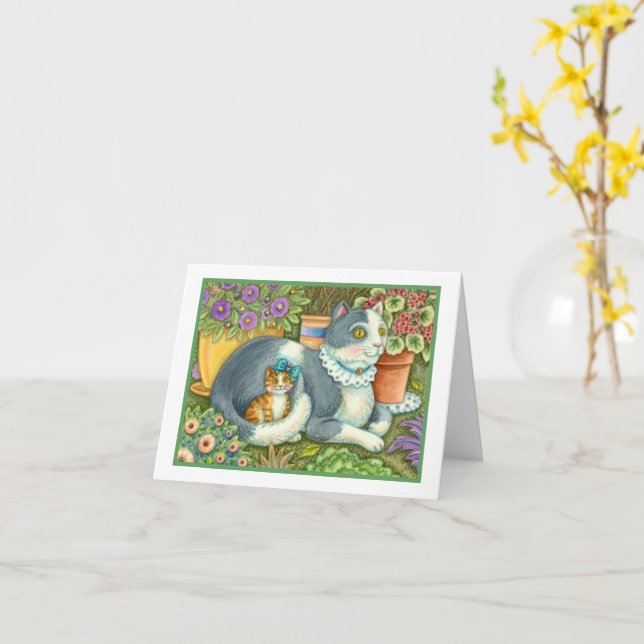 MOTHER CAT AND KITTEN, POTTED FLOWERS, BOWS & LACE CARD (Yellow Flower)