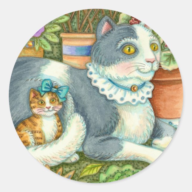 MOTHER CAT AND KITTEN, POTTED FLOWERS, BOWS & LACE CLASSIC ROUND STICKER (Front)