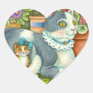 MOTHER CAT AND KITTEN, POTTED FLOWERS, BOWS & LACE HEART STICKER