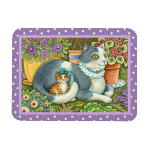 MOTHER CAT AND KITTEN, POTTED FLOWERS, BOWS & LACE MAGNET