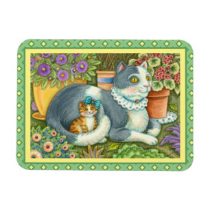 MOTHER CAT AND KITTEN, POTTED FLOWERS, BOWS & LACE MAGNET