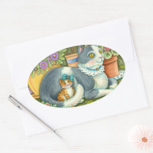 MOTHER CAT AND KITTEN, POTTED FLOWERS, BOWS & LACE OVAL STICKER