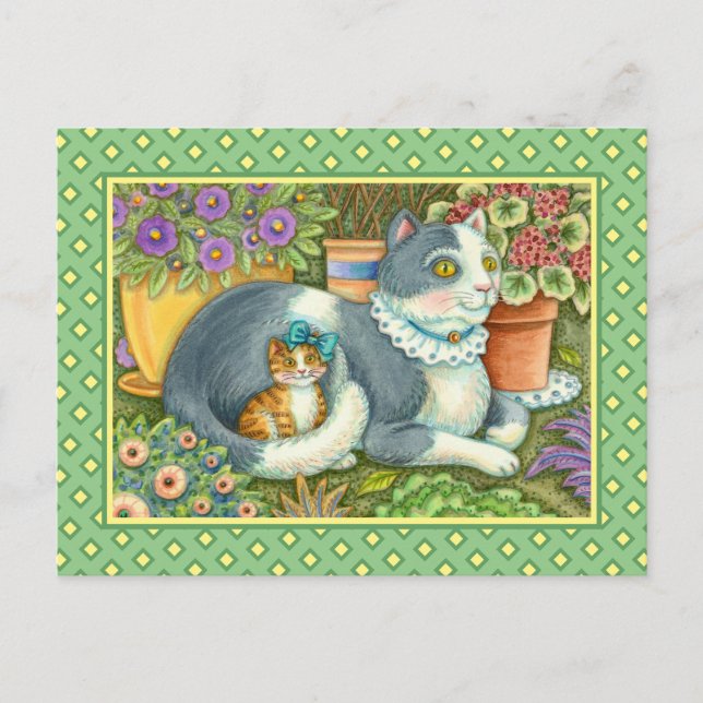 MOTHER CAT AND KITTEN, POTTED FLOWERS, BOWS & LACE POSTCARD (Front)