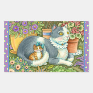 MOTHER CAT AND KITTEN, POTTED FLOWERS, BOWS & LACE RECTANGULAR STICKER