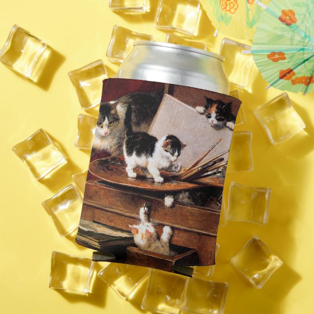 Mother Cat and Kittens on Table Can Cooler (In Situ Summer)