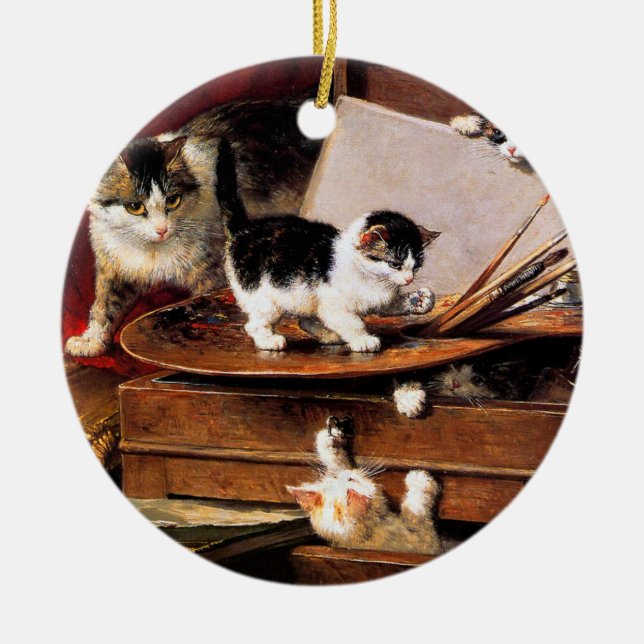 Mother Cat and Kittens on Table Ceramic Tree Decoration (Front)
