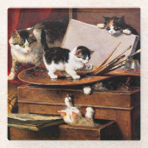 Mother Cat and Kittens on Table Glass Coaster