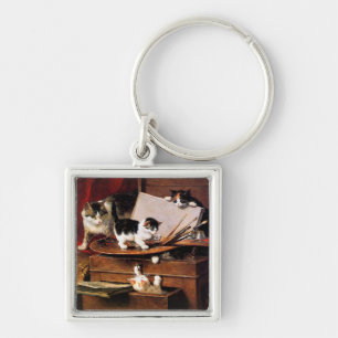 Mother Cat and Kittens on Table Key Ring