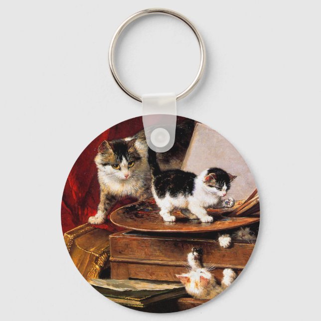 Mother Cat and Kittens on Table Key Ring (Front)