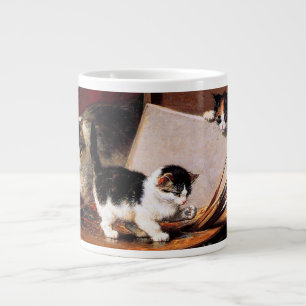 Mother Cat and Kittens on Table Large Coffee Mug