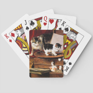Mother Cat and Kittens on Table Playing Cards
