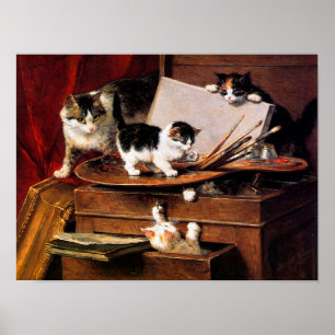 Mother Cat and Kittens on Table Poster