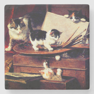 Mother Cat and Kittens on Table Stone Coaster