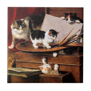 Mother Cat and Kittens on Table Tile