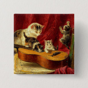 Mother Cat and Kittens Playing with Guitar 15 Cm Square Badge