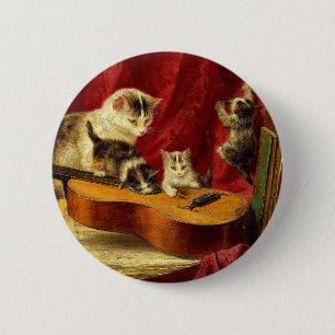 Mother Cat and Kittens Playing with Guitar 6 Cm Round Badge