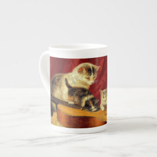 Mother Cat and Kittens Playing with Guitar Bone China Mug