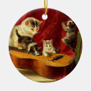Mother Cat and Kittens Playing with Guitar Ceramic Tree Decoration