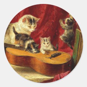 Mother Cat and Kittens Playing with Guitar Classic Round Sticker