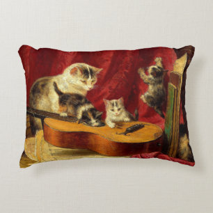 Mother Cat and Kittens Playing with Guitar Decorative Cushion