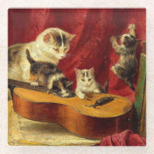 Mother Cat and Kittens Playing with Guitar Glass Coaster