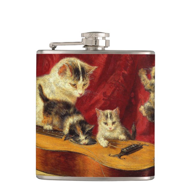 Mother Cat and Kittens Playing with Guitar Hip Flask (Front)