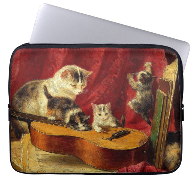 Mother Cat and Kittens Playing with Guitar Laptop Sleeve (Front)
