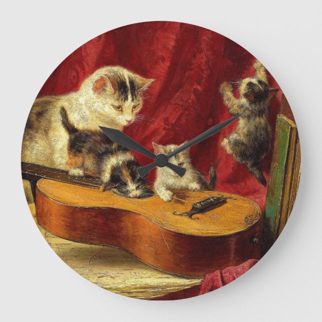 Mother Cat and Kittens Playing with Guitar Large Clock (Front)