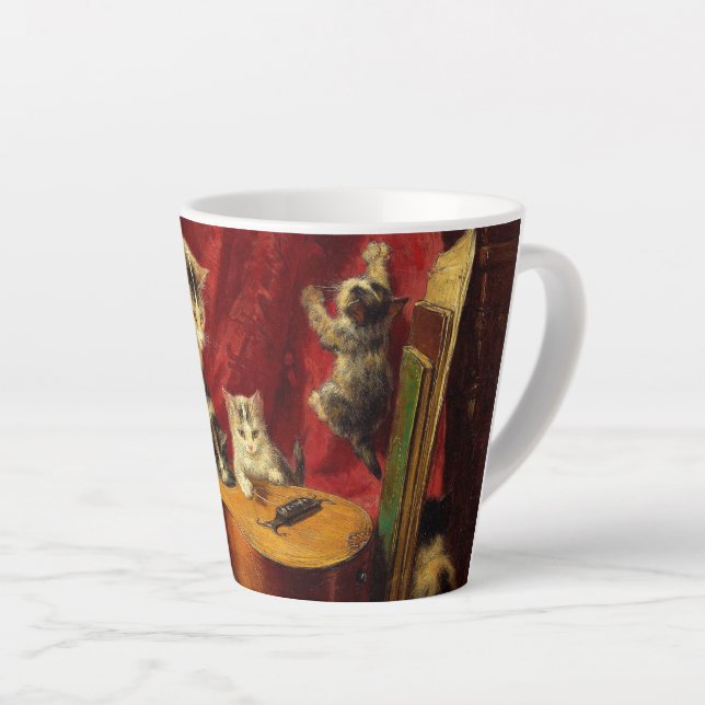 Mother Cat and Kittens Playing with Guitar Latte Mug (Right Angle)