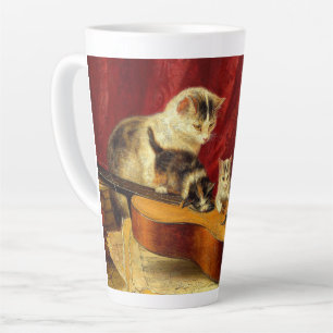 Mother Cat and Kittens Playing with Guitar Latte Mug
