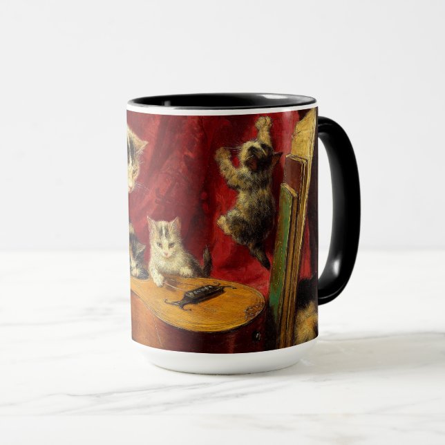 Mother Cat and Kittens Playing with Guitar Mug (Front Right)