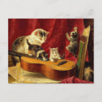 Mother Cat and Kittens Playing with Guitar