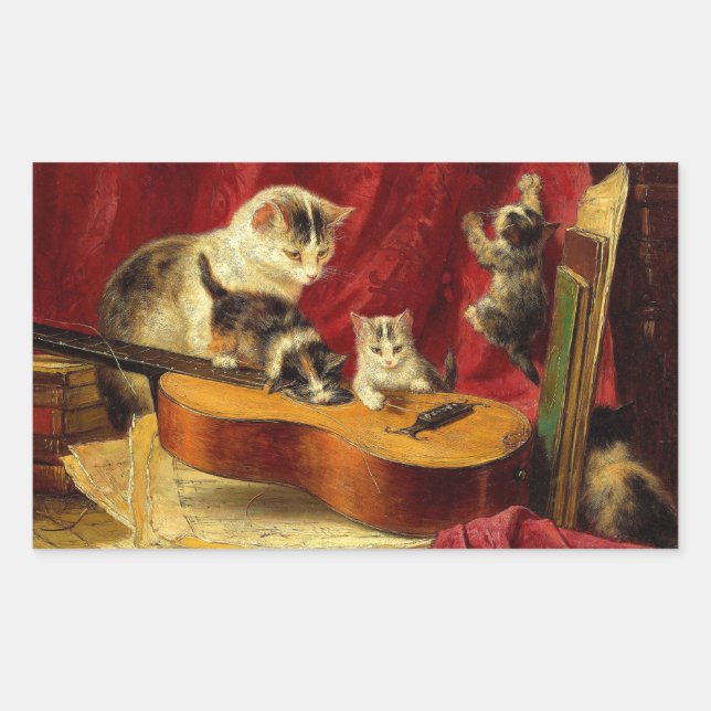 Mother Cat and Kittens Playing with Guitar Rectangular Sticker (Front)