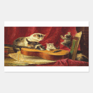 Mother Cat and Kittens Playing with Guitar Rectangular Sticker