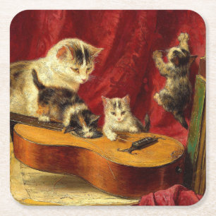 Mother Cat and Kittens Playing with Guitar Square Paper Coaster