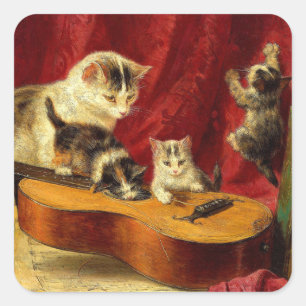 Mother Cat and Kittens Playing with Guitar Square Sticker