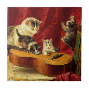 Mother Cat and Kittens Playing with Guitar Tile