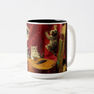 Mother Cat and Kittens Playing with Guitar Two-Tone Coffee Mug