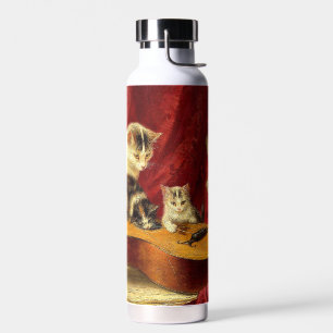 Mother Cat and Kittens Playing with Guitar Water Bottle