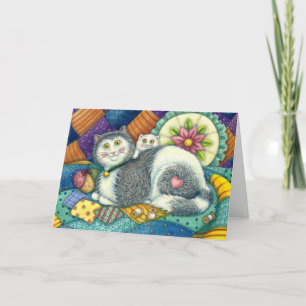 MOTHER CAT & KITTEN, PATCHWORK QUILTS, PINCUSHION CARD